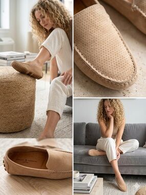 Mercanti Fiorentini Perforated Suede Driving Moccasins in Beige